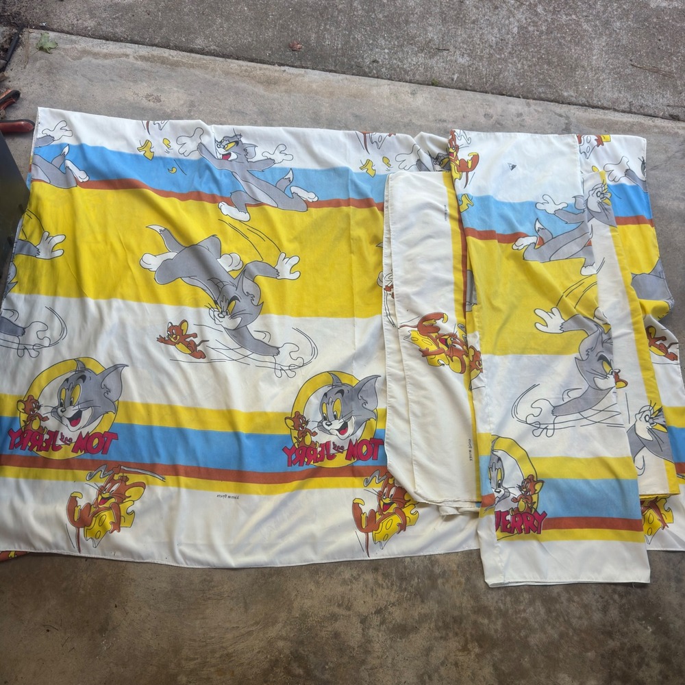 Vintage 90s Abram Dyers Tom and Jerry 2 Sheets Flat + Pillowcase Set Blue g5a